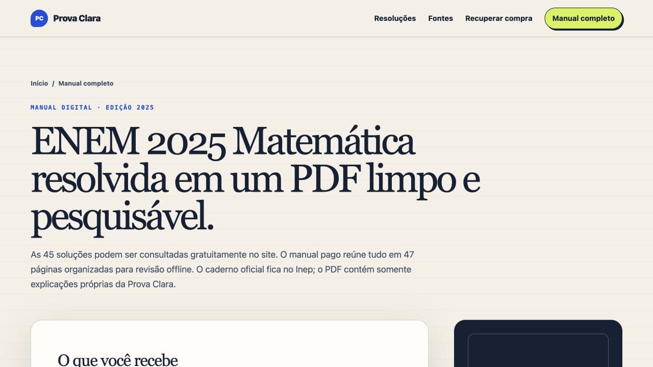 Apresentação do manual de 47 páginas da Prova Clara