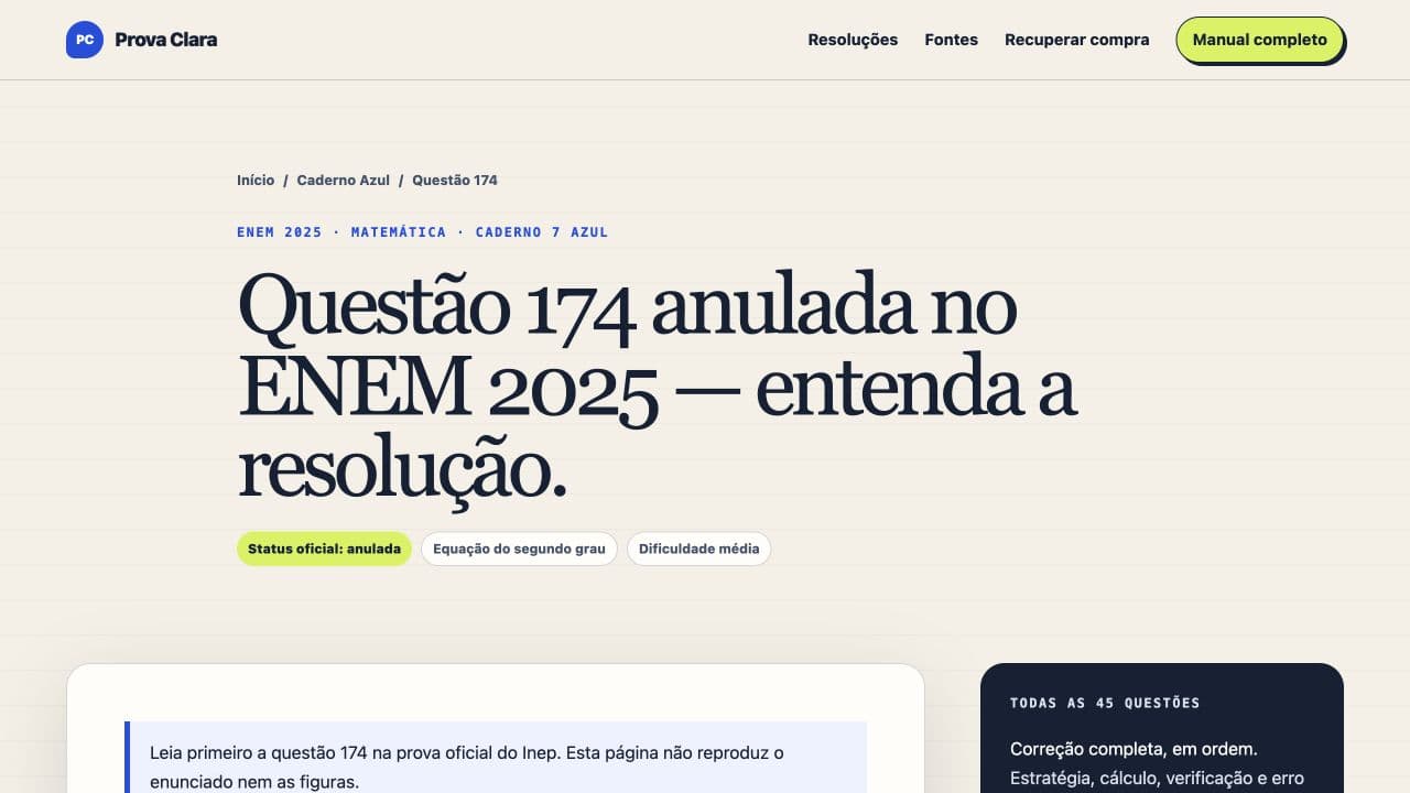 Página da Prova Clara que identifica a questão 174 como anulada